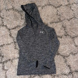 Under armor heathered grey long sleeve hooded V-neck breathable top.